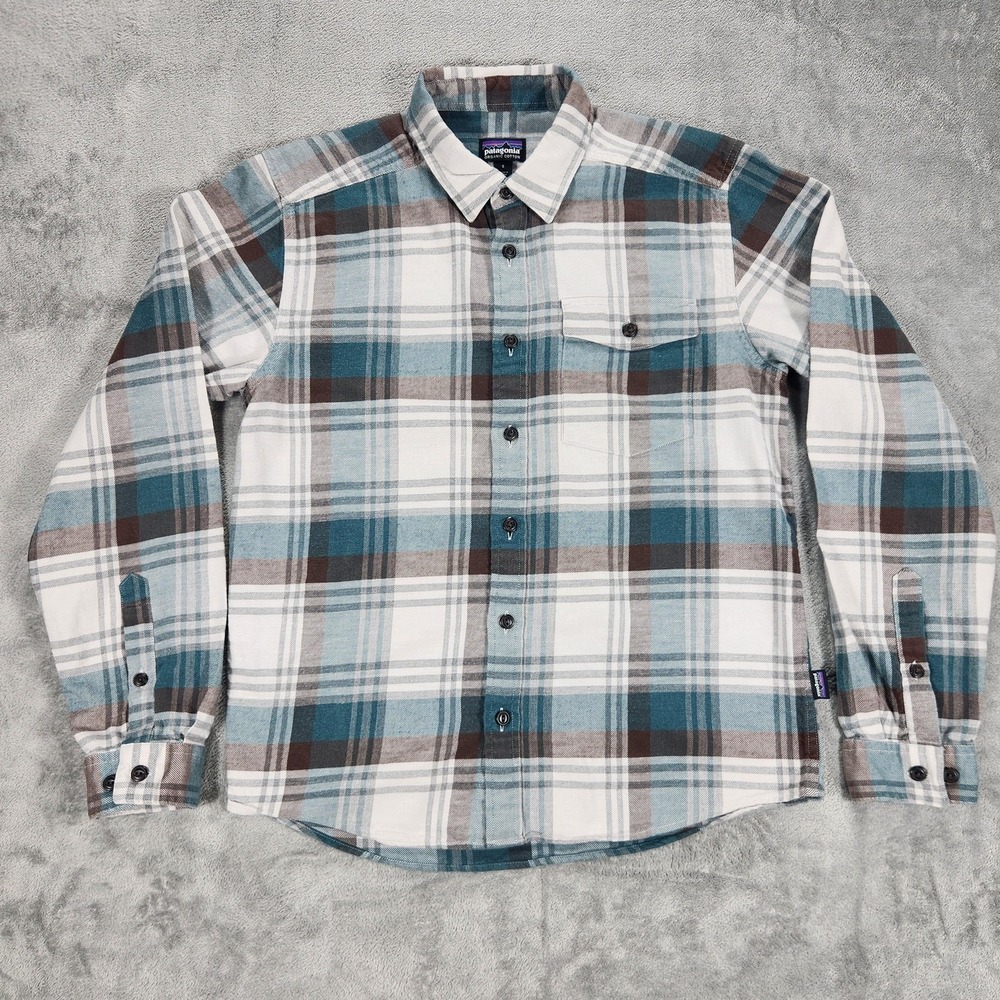 Patagonia Shirt Mens Small Fjord Flannel Blue Brown Plaid Organic Cotton Button‎
